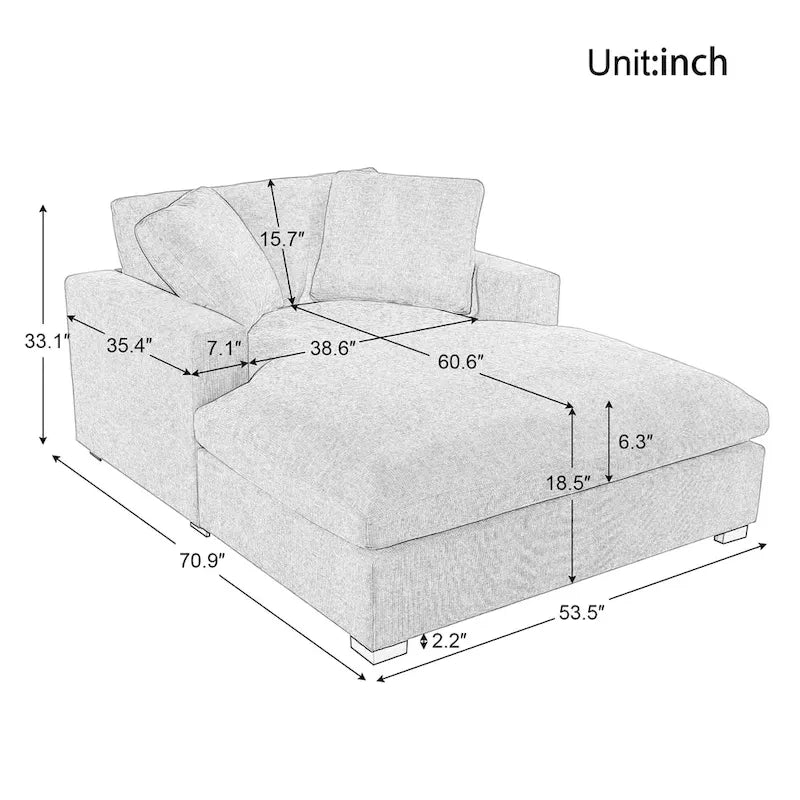 Beige 53.5 Chaise Lounge Chair with Solid Wood Legs and Comfort Pillows