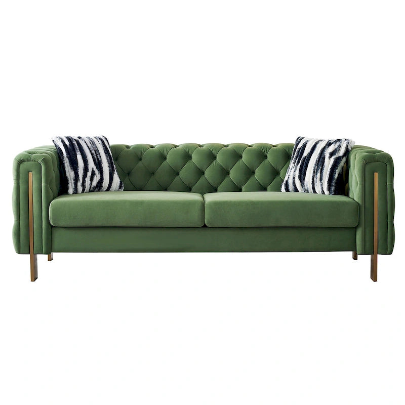 84.25 Button Tufted Upholstered 3-Seater Sofa with Gold Decoration