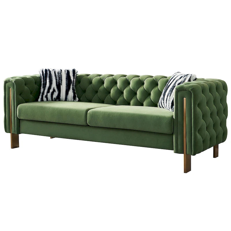 84.25 Button Tufted Upholstered 3-Seater Sofa with Gold Decoration