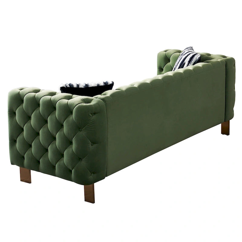 84.25 Button Tufted Upholstered 3-Seater Sofa with Gold Decoration