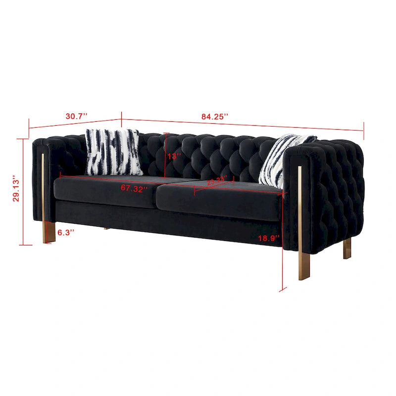 84.25 Button Tufted Upholstered 3-Seater Sofa with Gold Decoration