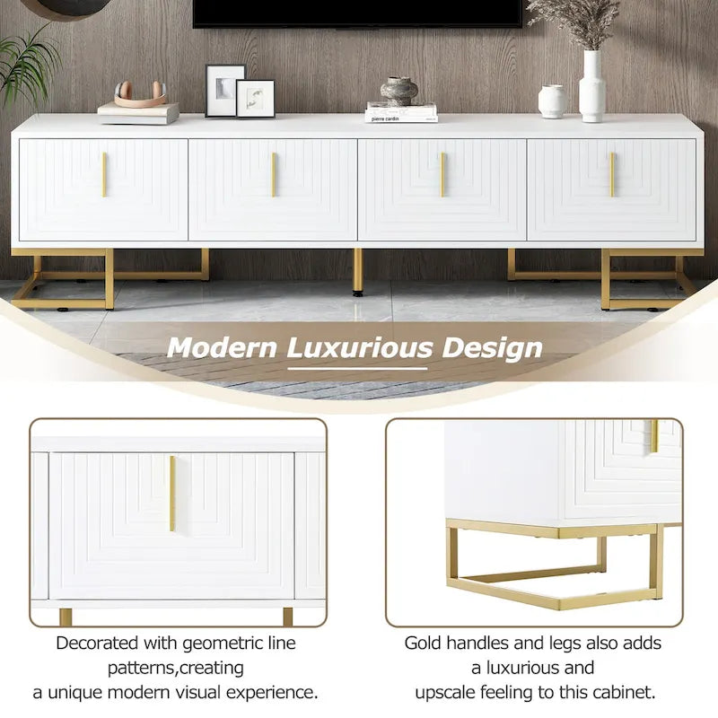 White+Gold 70.8 TV Stand with Gold Handles & Cabinets for 80 TVs