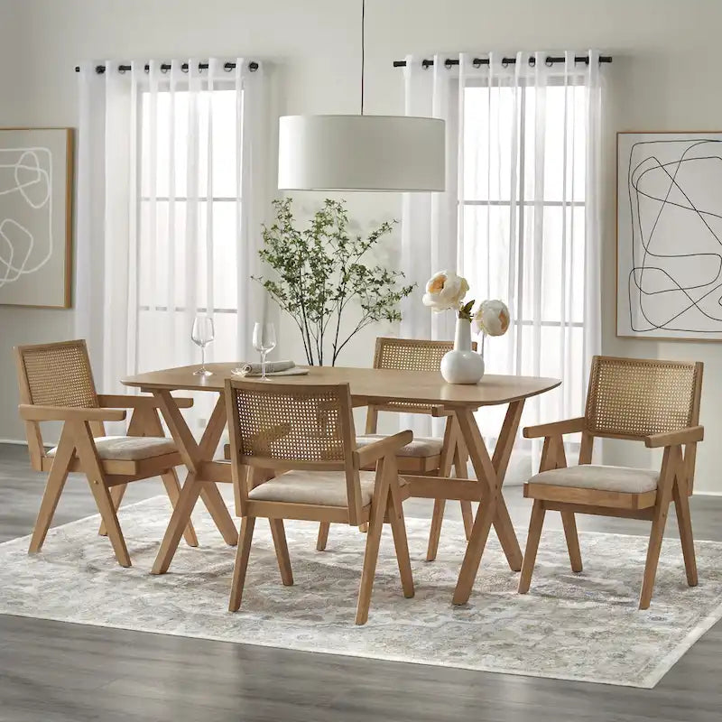Mid-Century Modern Solid Rubberwood Dining Table, Light Oak