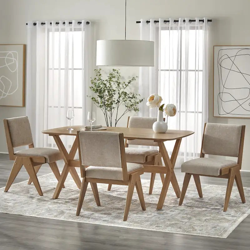 Mid-Century Modern Solid Rubberwood Dining Table, Light Oak