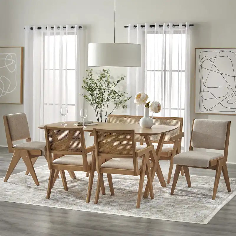Mid-Century Modern Solid Rubberwood Dining Table, Light Oak