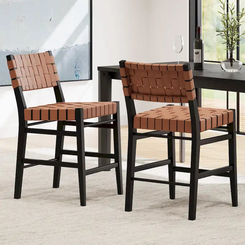 PU Leather Counter Stools with Woven Back & Rubberwood Frame, Set of 2 (Black Brown)