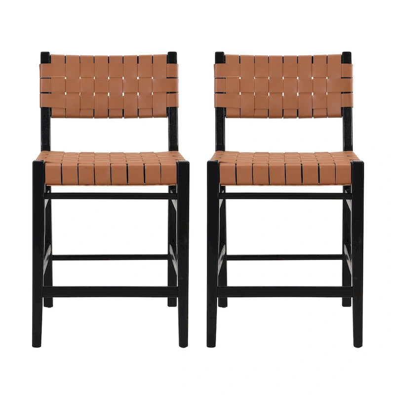 PU Leather Counter Stools with Woven Back & Rubberwood Frame, Set of 2 (Black Brown)