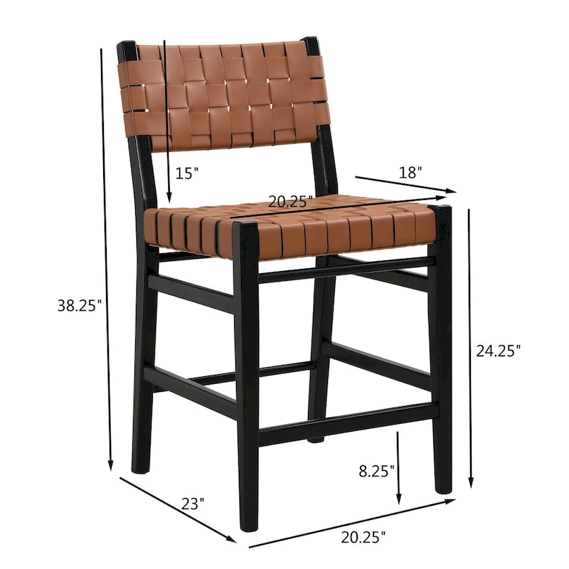PU Leather Counter Stools with Woven Back & Rubberwood Frame, Set of 2 (Black Brown)