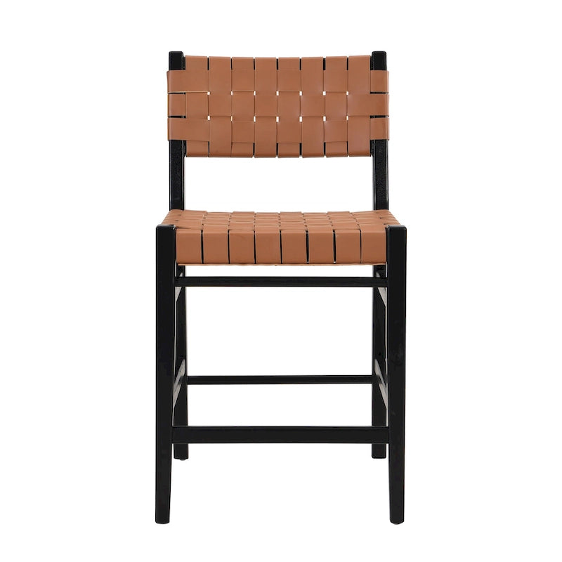 PU Leather Counter Stools with Woven Back & Rubberwood Frame, Set of 2 (Black Brown)