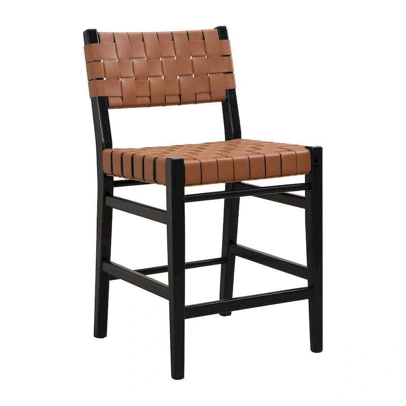 PU Leather Counter Stools with Woven Back & Rubberwood Frame, Set of 2 (Black Brown)