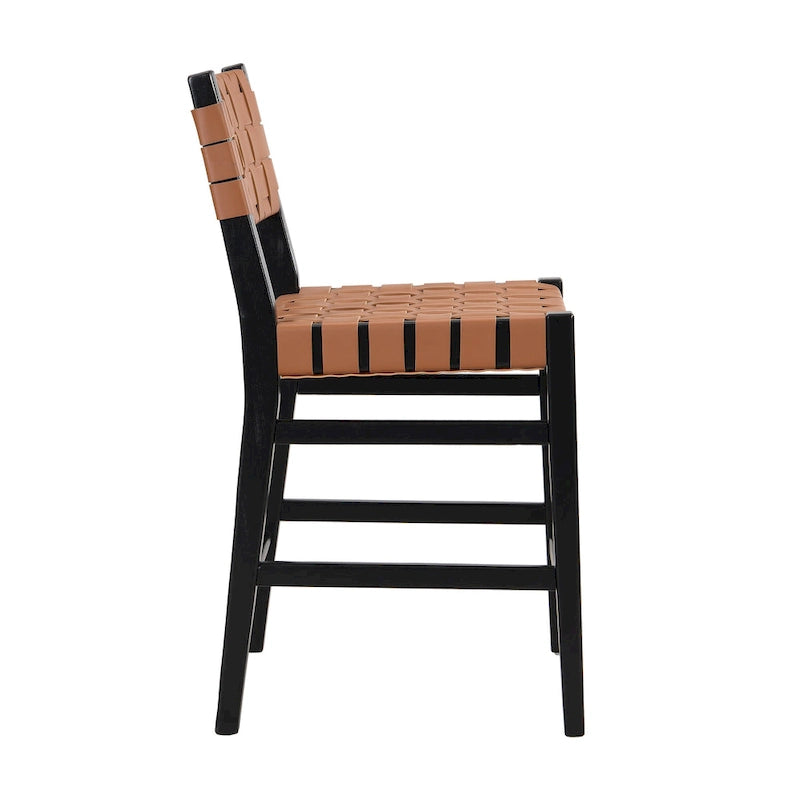 PU Leather Counter Stools with Woven Back & Rubberwood Frame, Set of 2 (Black Brown)