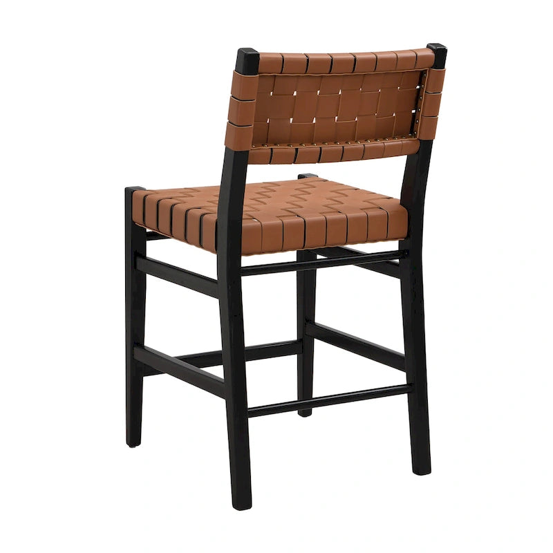 PU Leather Counter Stools with Woven Back & Rubberwood Frame, Set of 2 (Black Brown)