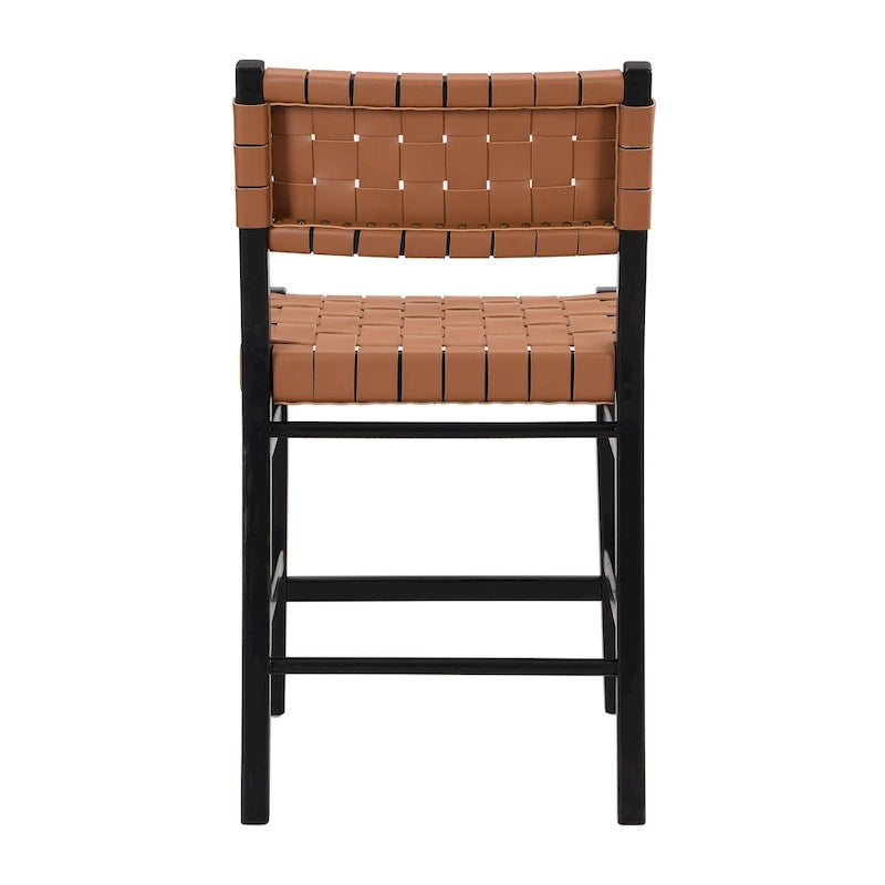 PU Leather Counter Stools with Woven Back & Rubberwood Frame, Set of 2 (Black Brown)