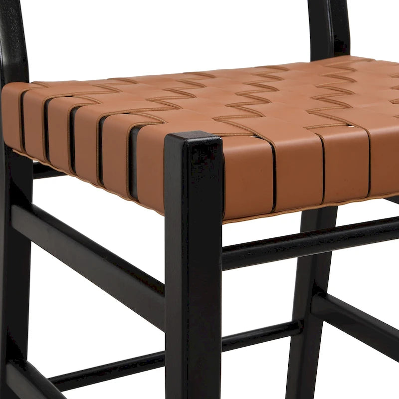 PU Leather Counter Stools with Woven Back & Rubberwood Frame, Set of 2 (Black Brown)