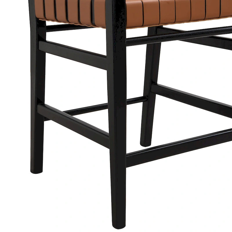 PU Leather Counter Stools with Woven Back & Rubberwood Frame, Set of 2 (Black Brown)
