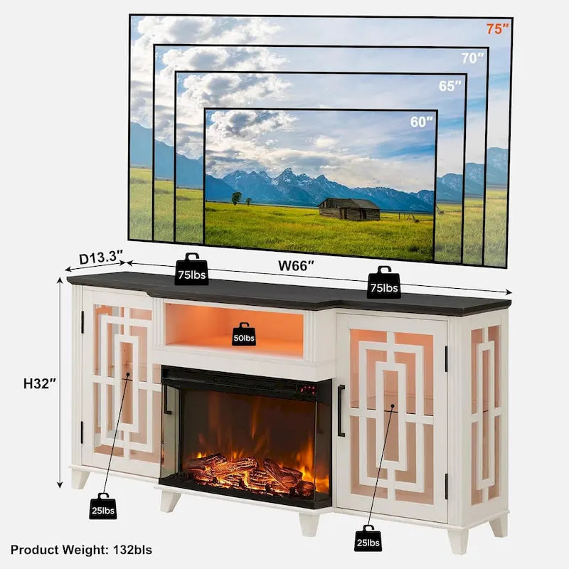 Farmhouse 3-Sided Glass Fireplace TV Stand for 75 TV, Media Console