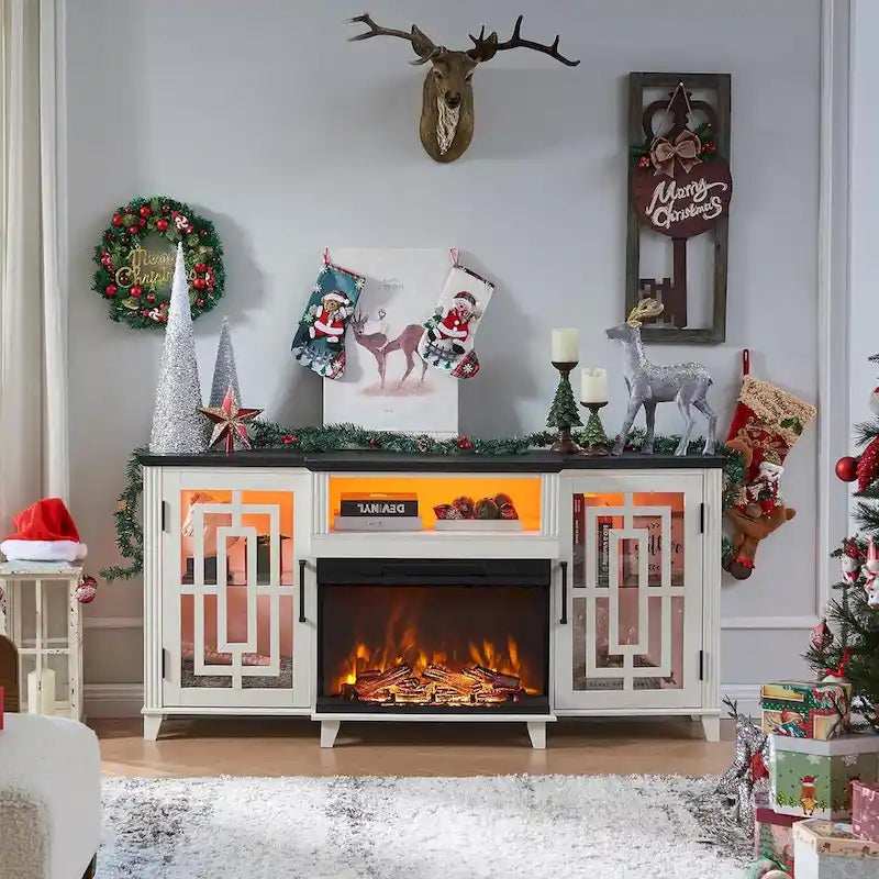 Farmhouse 3-Sided Glass Fireplace TV Stand for 75 TV, Media Console