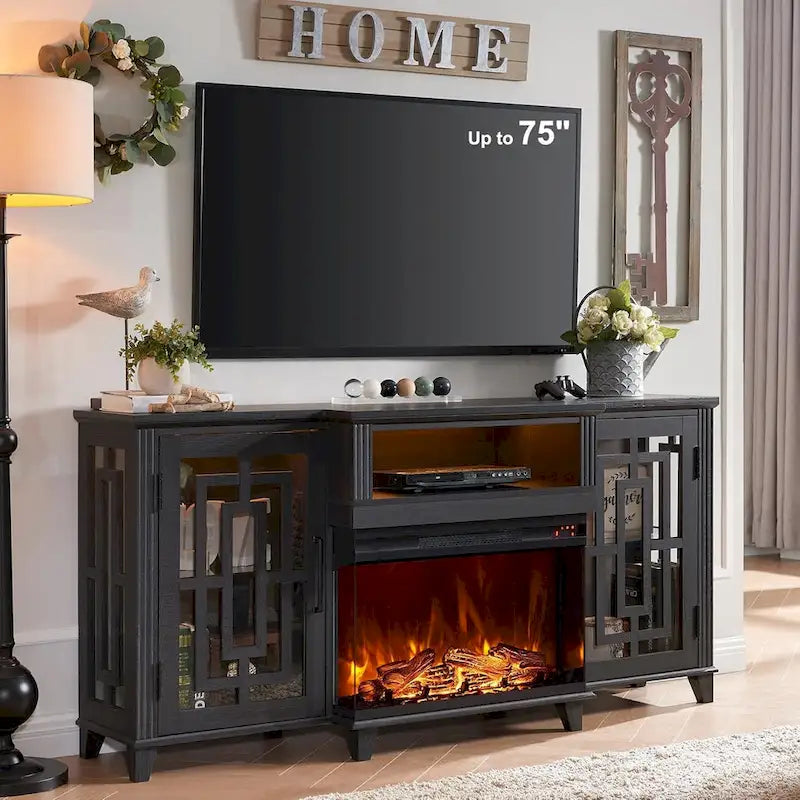 Farmhouse 3-Sided Glass Fireplace TV Stand for 75 TV, Media Console