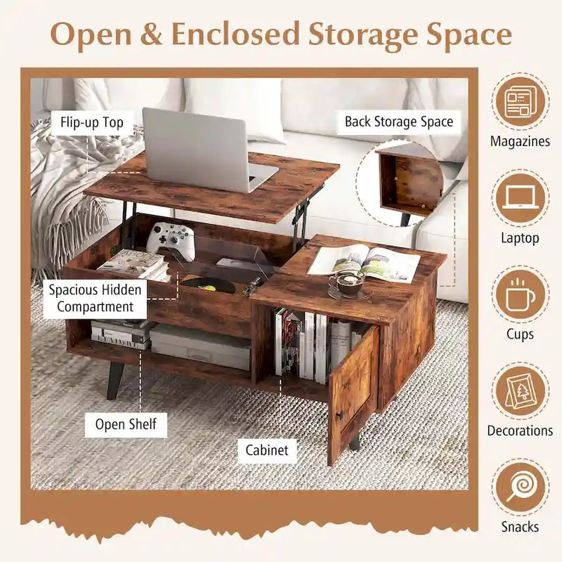 Lift Top Coffee Table with Hidden Compartment & Storage Cabinet