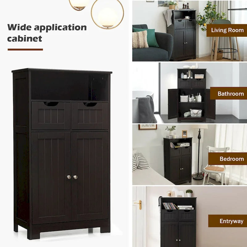 Bathroom Floor Cabinet Wooden Storage Organizer with Drawers & Doors