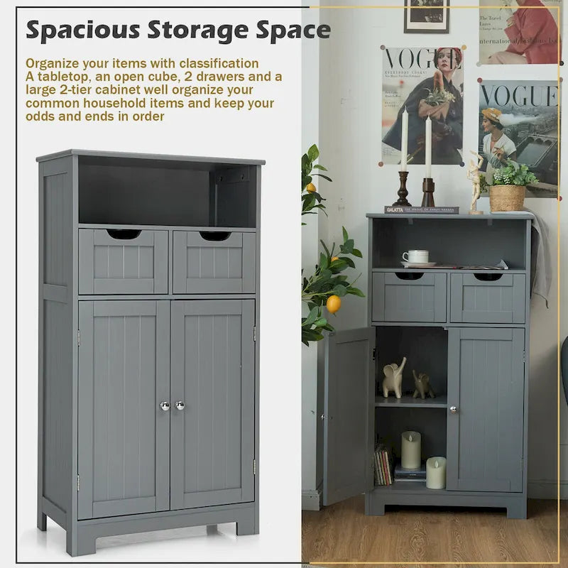 Bathroom Floor Cabinet Wooden Storage Organizer with Drawers & Doors