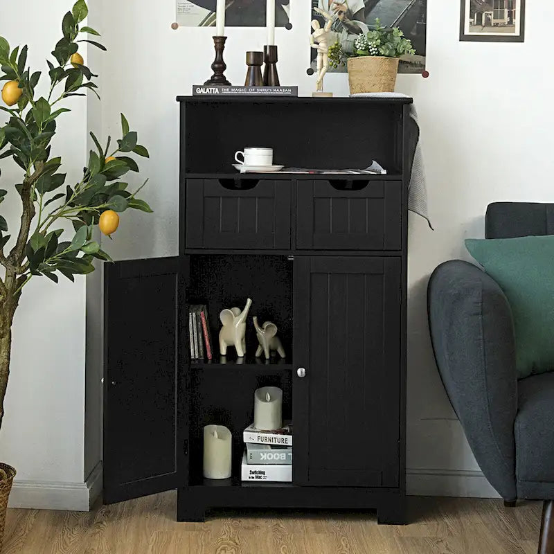Bathroom Floor Cabinet Wooden Storage Organizer with Drawers & Doors