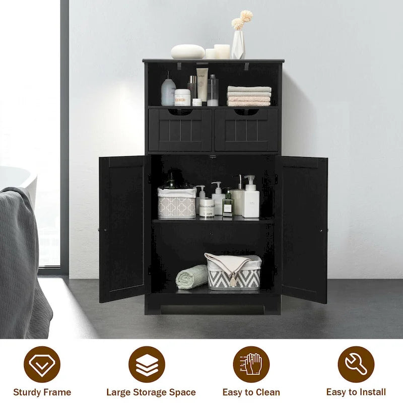 Bathroom Floor Cabinet Wooden Storage Organizer with Drawers & Doors