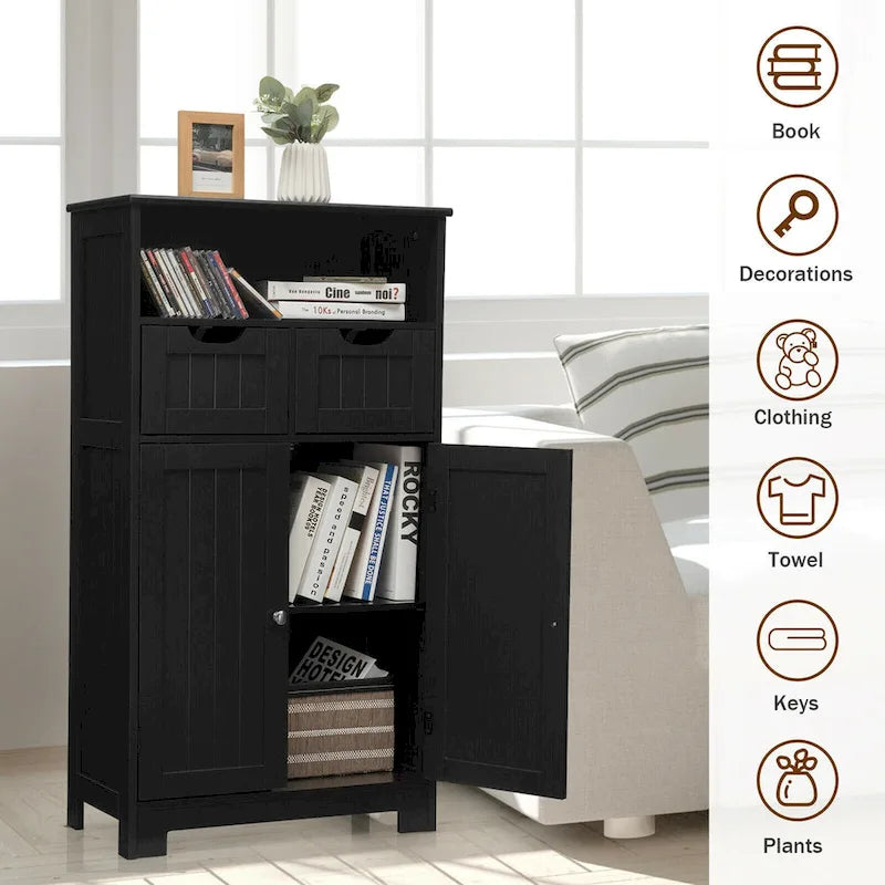 Bathroom Floor Cabinet Wooden Storage Organizer with Drawers & Doors