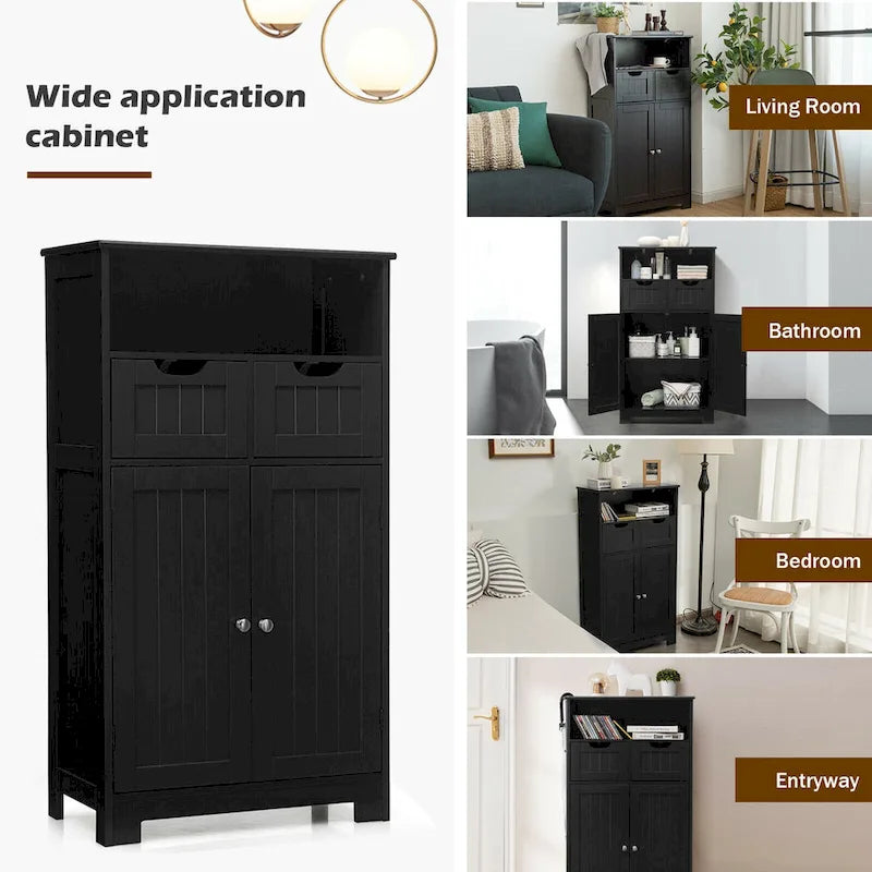 Bathroom Floor Cabinet Wooden Storage Organizer with Drawers & Doors