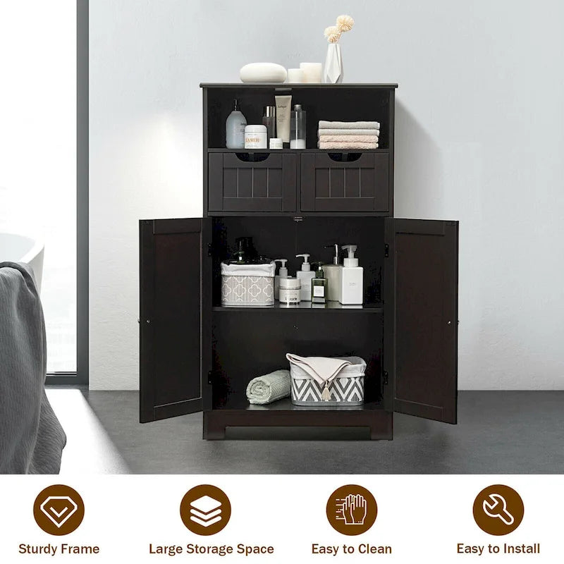 Bathroom Floor Cabinet Wooden Storage Organizer with Drawers & Doors