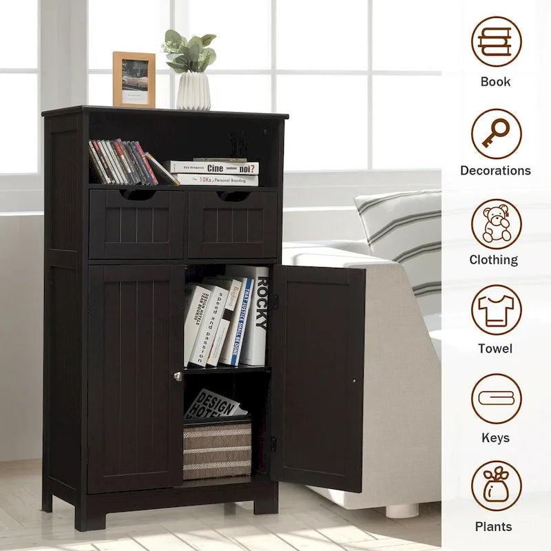 Bathroom Floor Cabinet Wooden Storage Organizer with Drawers & Doors