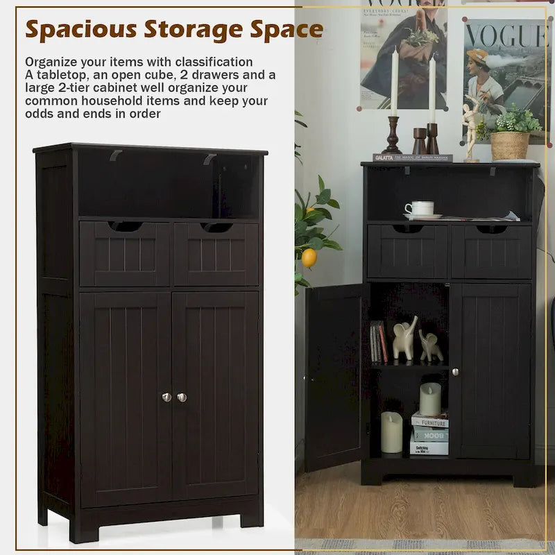 Bathroom Floor Cabinet Wooden Storage Organizer with Drawers & Doors