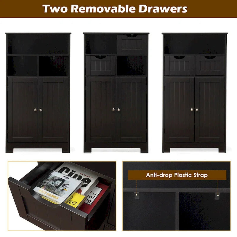 Bathroom Floor Cabinet Wooden Storage Organizer with Drawers & Doors