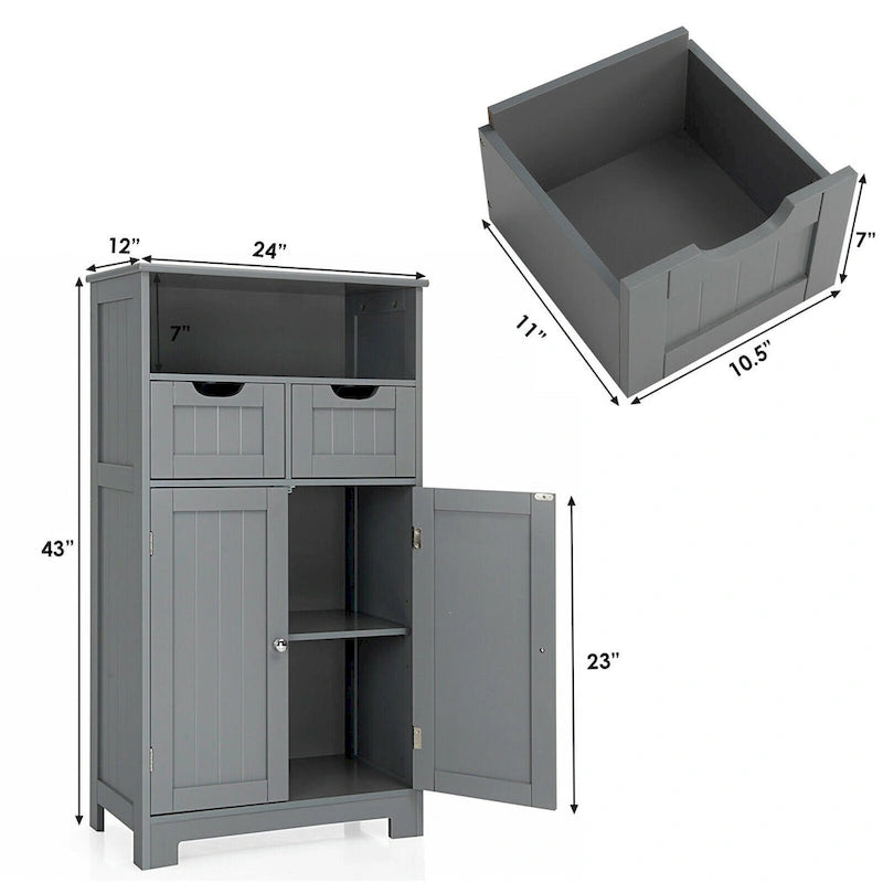 Bathroom Floor Cabinet Wooden Storage Organizer with Drawers & Doors