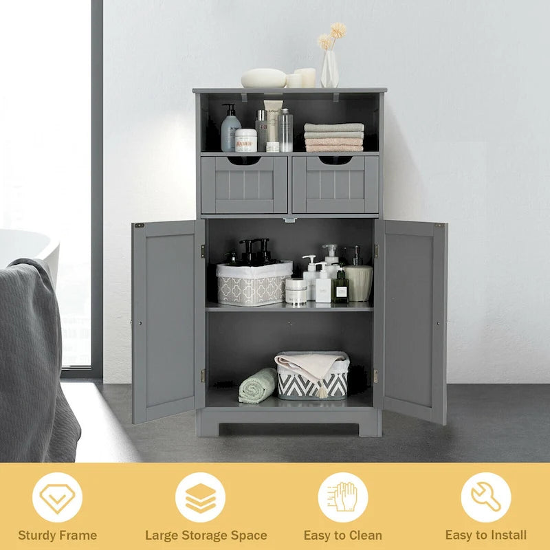 Bathroom Floor Cabinet Wooden Storage Organizer with Drawers & Doors