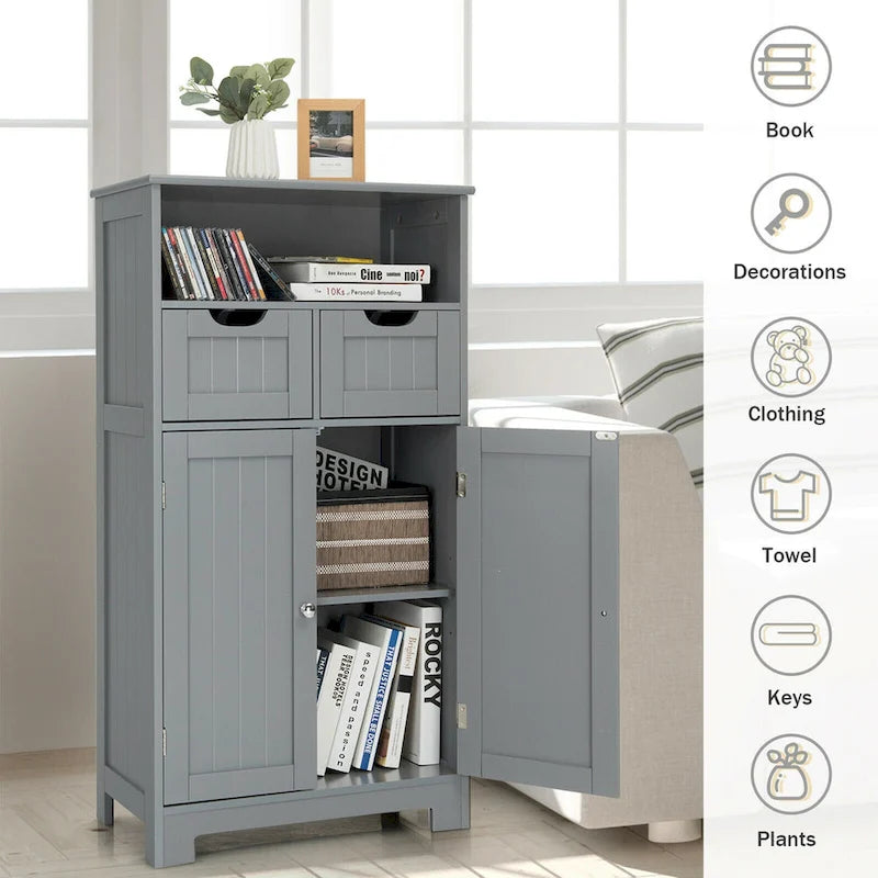 Bathroom Floor Cabinet Wooden Storage Organizer with Drawers & Doors