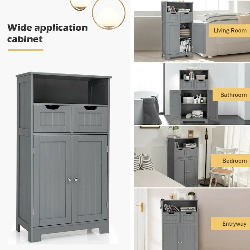 Bathroom Floor Cabinet Wooden Storage Organizer with Drawers & Doors