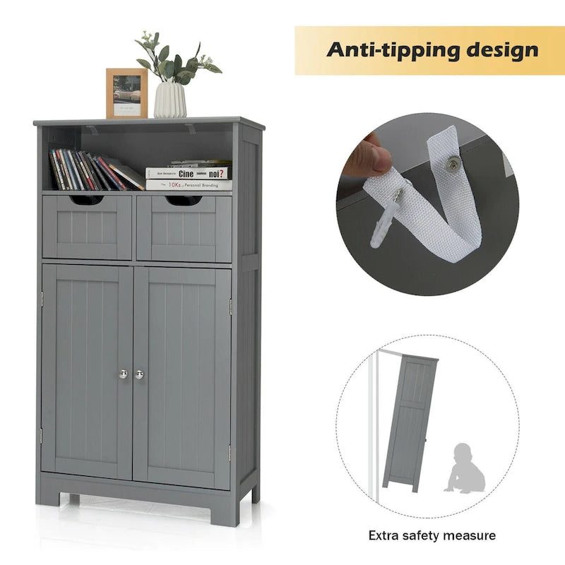 Bathroom Floor Cabinet Wooden Storage Organizer with Drawers & Doors