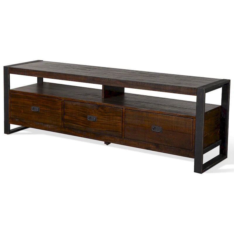 TV Media Console, 3 Drawers, 2 Shelves, Dark Brown Wood, 78 Inch