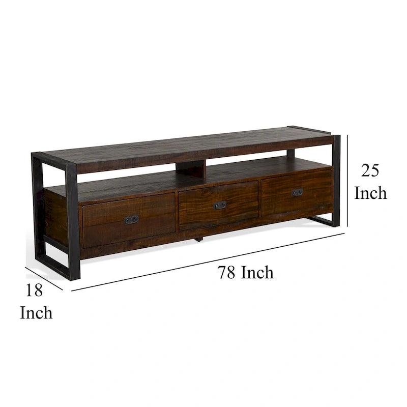 TV Media Console, 3 Drawers, 2 Shelves, Dark Brown Wood, 78 Inch