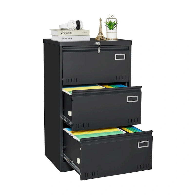 Black Locking Metal File Cabinets with Three Drawer, Lock and Key
