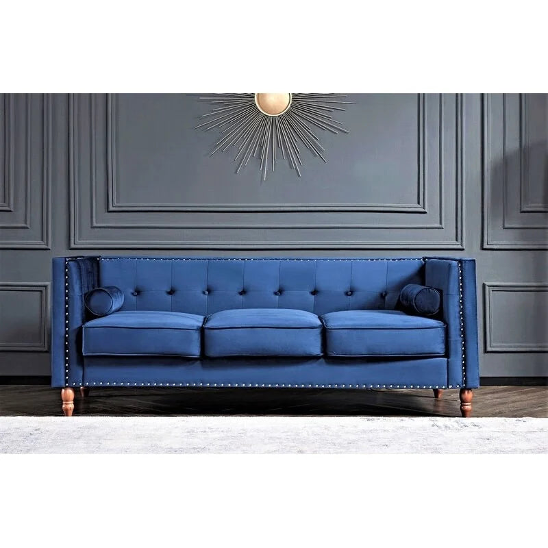 83" Velvet Square Arm Nailhead Chesterfield Sofa