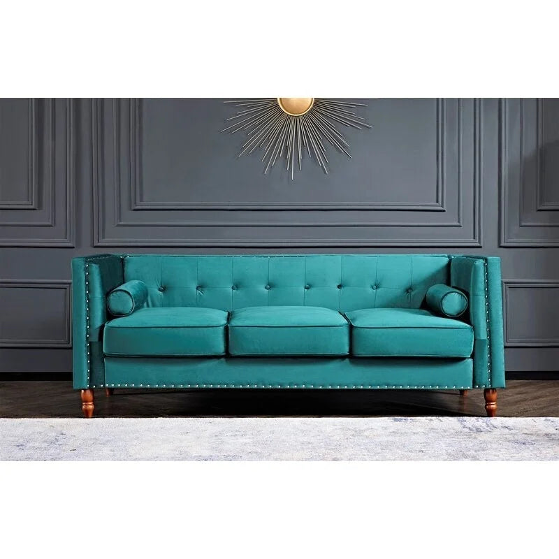 83" Velvet Square Arm Nailhead Chesterfield Sofa