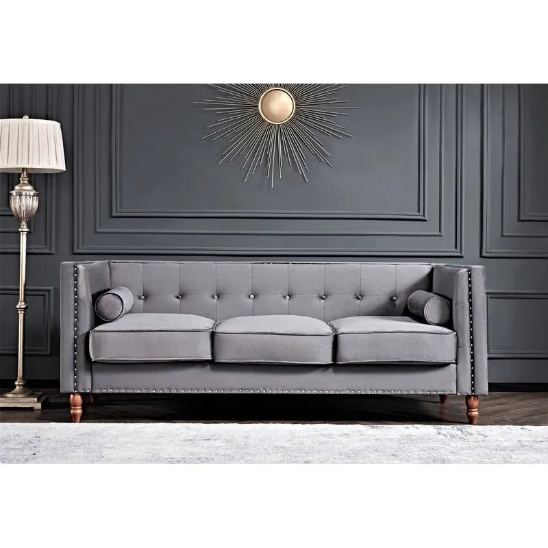 83" Velvet Square Arm Nailhead Chesterfield Sofa