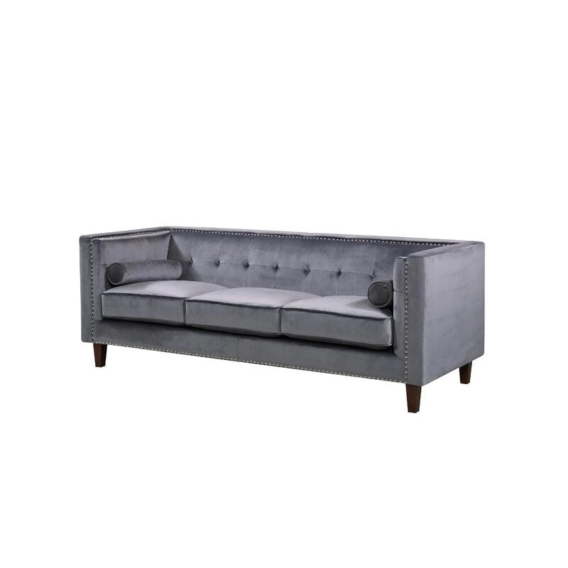83" Velvet Square Arm Nailhead Chesterfield Sofa