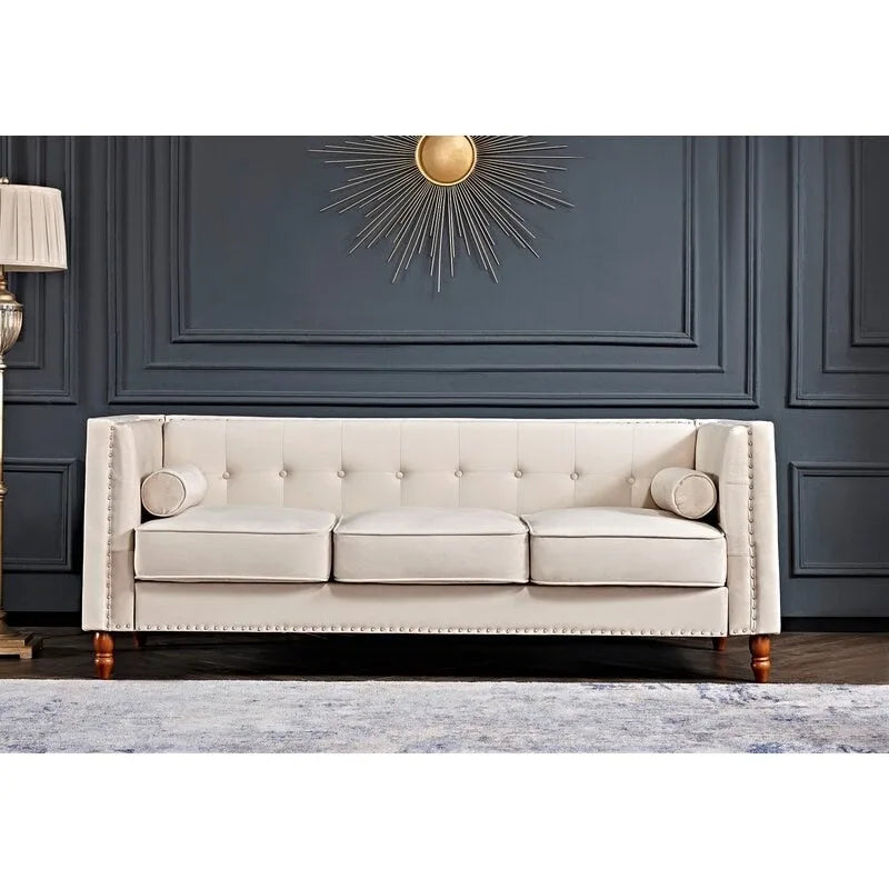83" Velvet Square Arm Nailhead Chesterfield Sofa