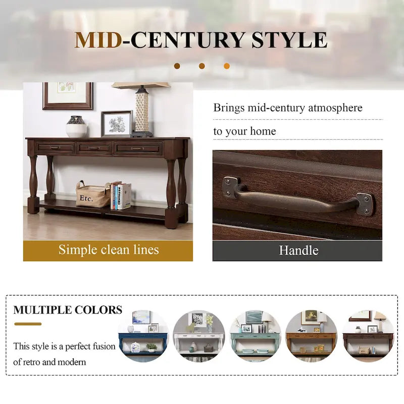 63inch Long Wood Console Table with 3 Drawers