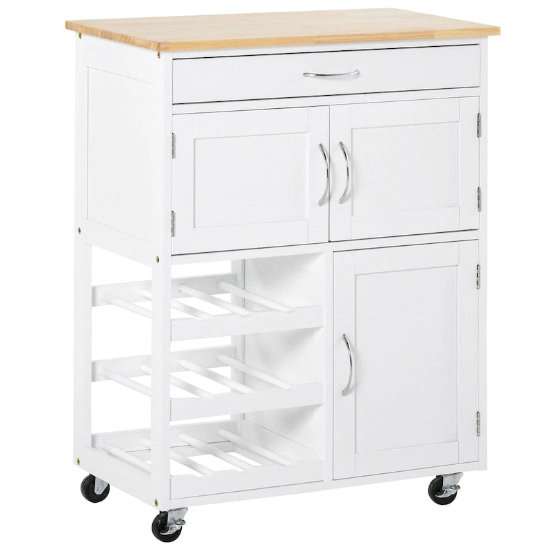 Kitchen Island on Wheels, Rolling Kitchen Cart with Drawer, 9-bottle Wine Rack, Storage Cabinets, Wooden Countertop