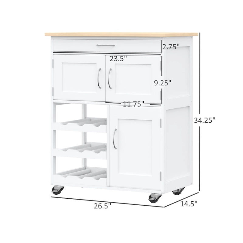 Kitchen Island on Wheels, Rolling Kitchen Cart with Drawer, 9-bottle Wine Rack, Storage Cabinets, Wooden Countertop