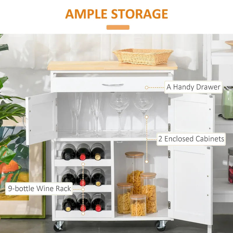 Kitchen Island on Wheels, Rolling Kitchen Cart with Drawer, 9-bottle Wine Rack, Storage Cabinets, Wooden Countertop